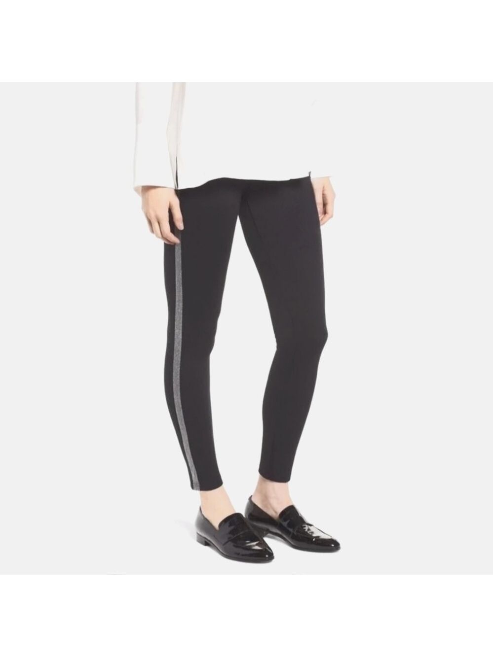 TRÏBE SOLID Black Leggings With Silver Tuxedo Stripe Size Small NWT